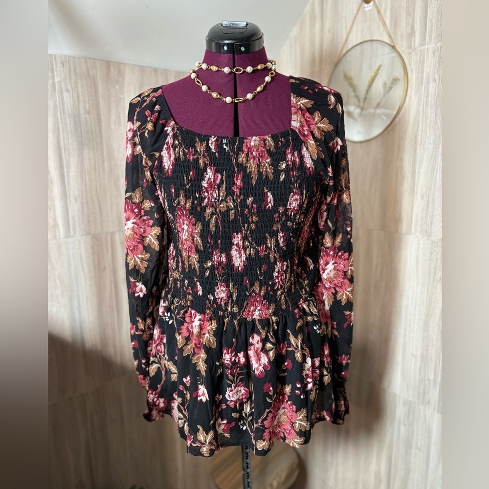 EST 1946 Floral Smocked Black Top